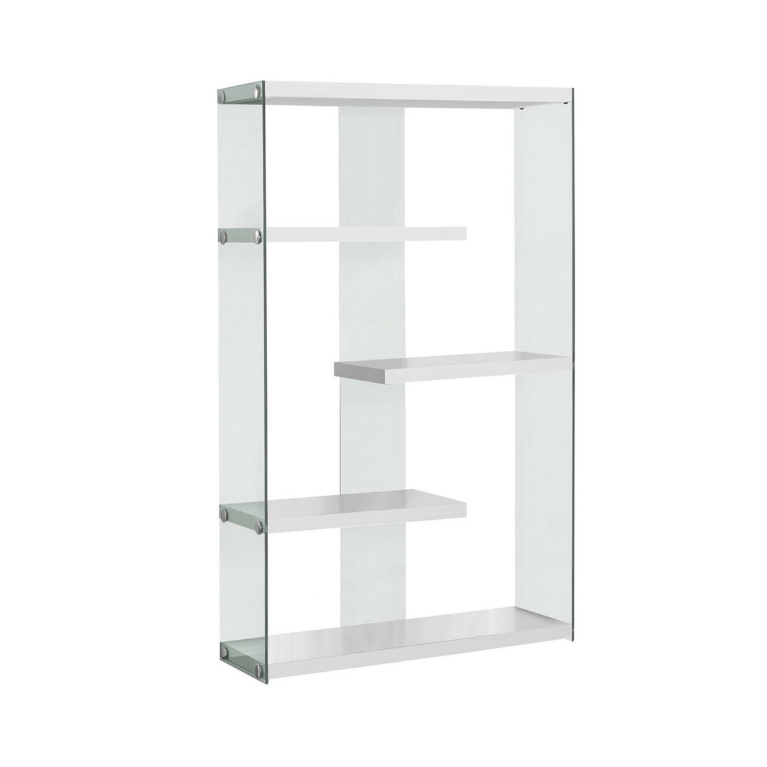 Bookshelf, Bookcase, Etagere, 5 Tier, 60"H, Office, Bedroom, Tempered Glass, Glossy White, Clear Ebern Designs