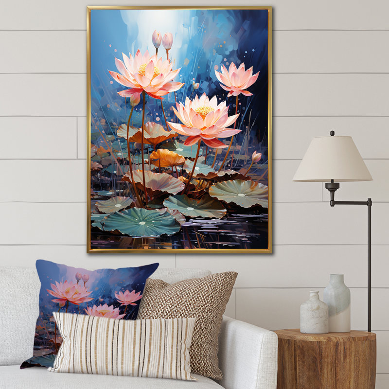 Fleurs de lotus étang harmonie sur toile, H 32 po x l 16 po x P 1 po, Cadre flottant doré