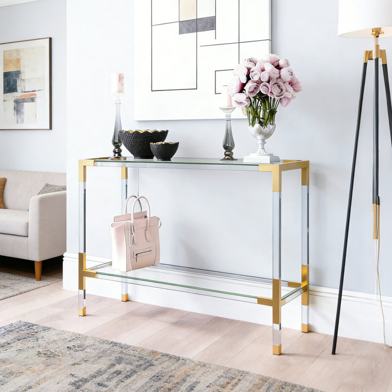 Console moderne en verre acrylique, H 31,5 po x l 31,5 po x P 13,78 po, Transparent / Doré