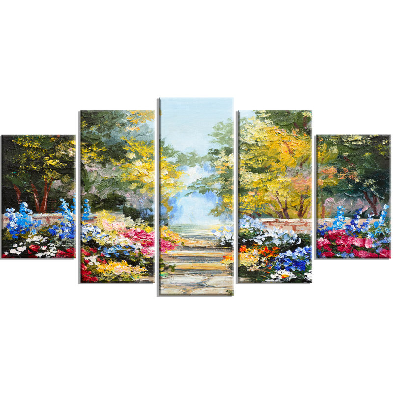 Forêt d'été avec paysage de fleurs, ensemble de 5 reproductions d'art sur toiles tendues