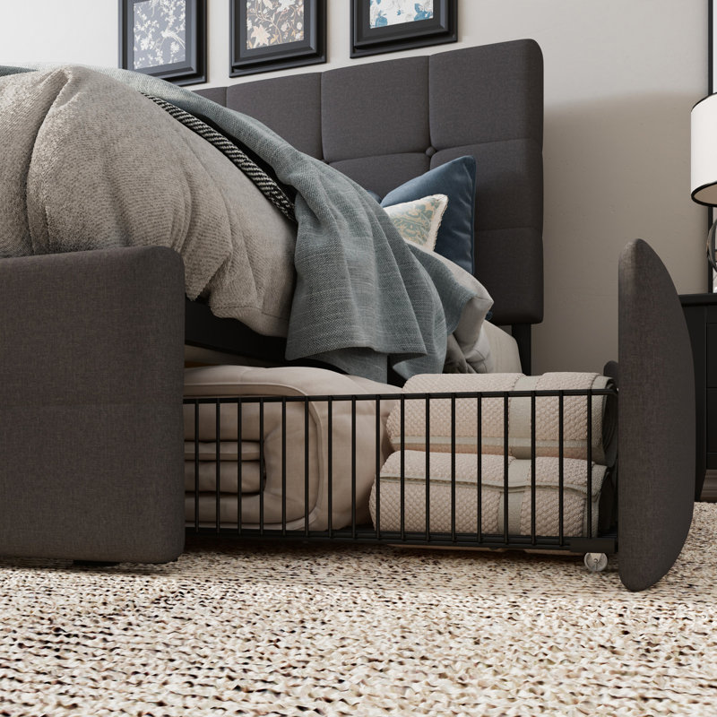 Lit plateforme avec rangement Silvester, Polyester à capitonnage carré gris foncé, Très grand