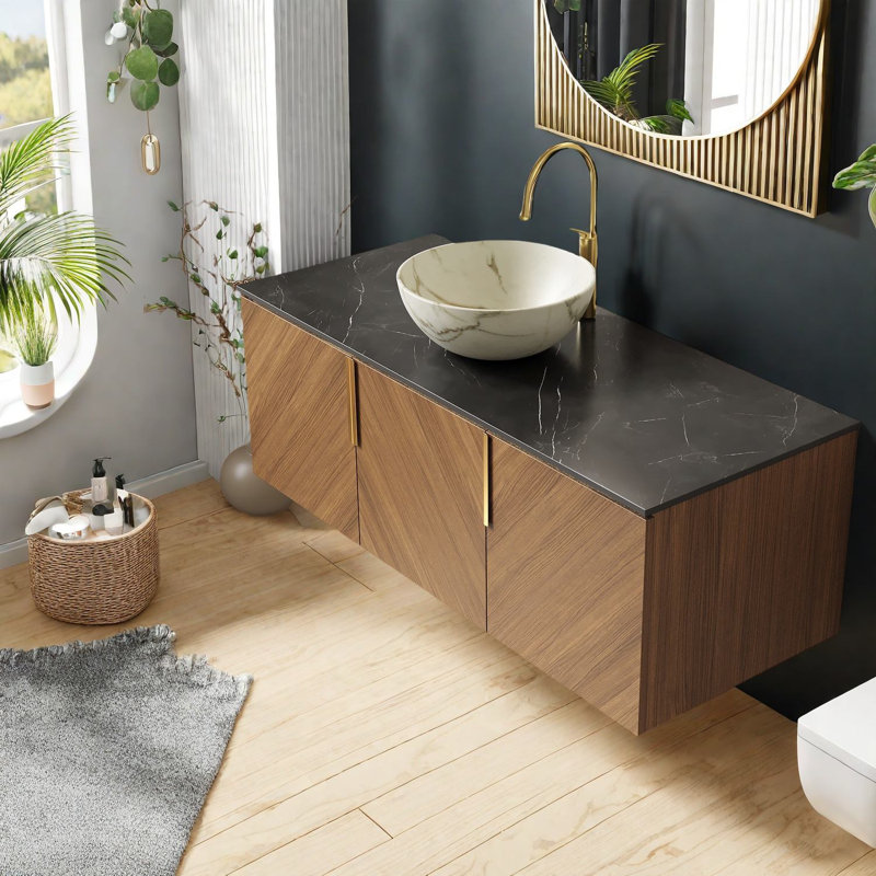 Lavabo de meuble-lavabo flottant Modern, pierre de marbre noir, finition chêne