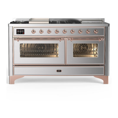 Cuisinière à double combustible 60 pouces avec 7 brûleurs scellés, plaque chauffante, plaque française en acier inoxydable (propane liquide, garniture en cuivre) Majestic III Series