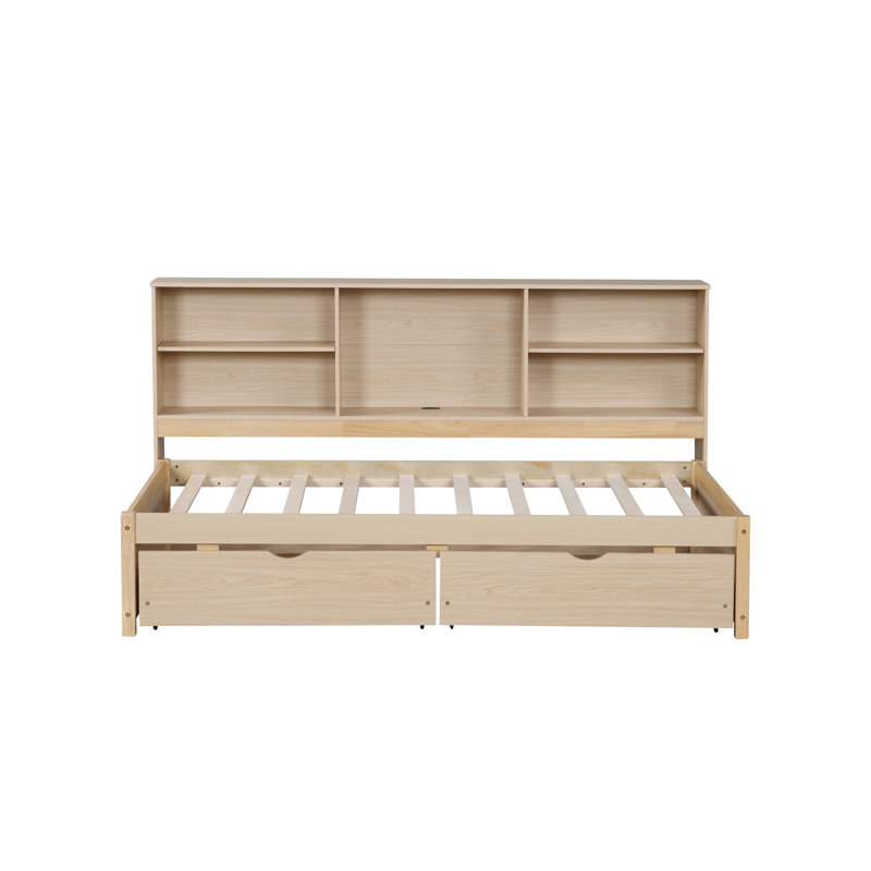 Twin Size Bed Frame With Side Bookshelves, Two Drawers, And Built-In USB Port, Beige