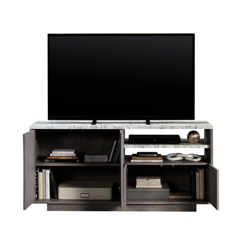 Téléviseur de 65 pouces avec finition grise, détails en faux marbre, tablettes réglables et assemblage rapide en brun avec portes, organisation