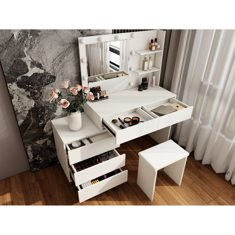Led Lighted White Beauty Vanity With Mirror, Storage Compartments, And Stool, Material, 54.97 In Depth, 15.33 Width Makeup Drawers, Ergonomic In Small Bathrooms, , 105.15 Lb