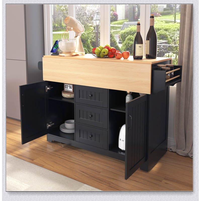 55.7'' Large Kitchen Island with 2 Drop Leaf, Rolling Cart on 5 Wheels, Power Outlet, and Spacious Storage for Dining and Cooking