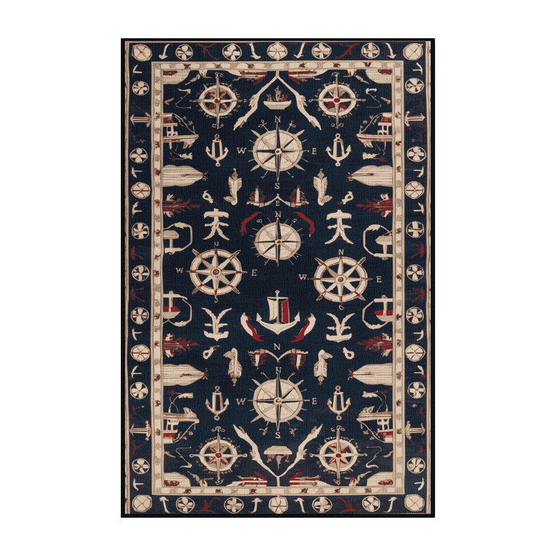 Washable Mediterranean maritime Nautical Area Rug, Rectangle 6' x 9'