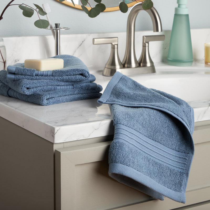 TOWN & COUNTRY EVERYDAY 4-Piece Solid Dobby Border Washcloth Set, 13x13-Inch, 100% Cotton, Blue