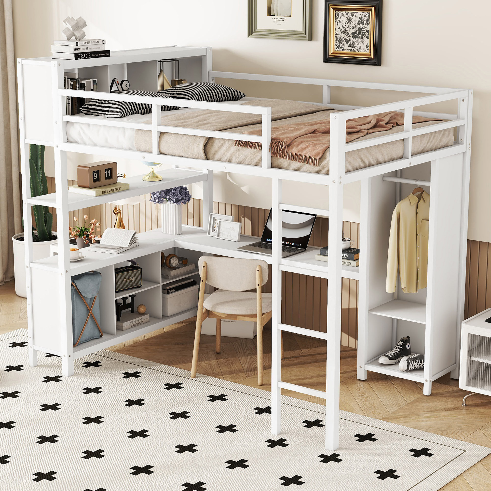 Isabelle & Max™ Metal Loft Bed With Wardrobe And L-Shaped Desk ...