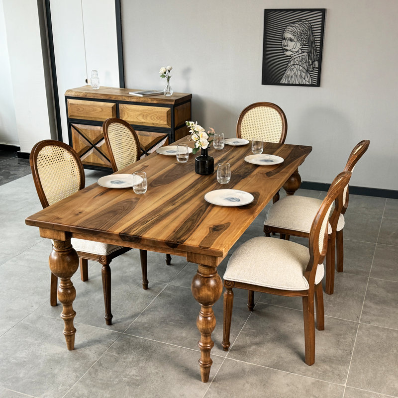Table de salle à manger en noyer massif Farmhouse, table de cuisine rustique avec pieds tournés