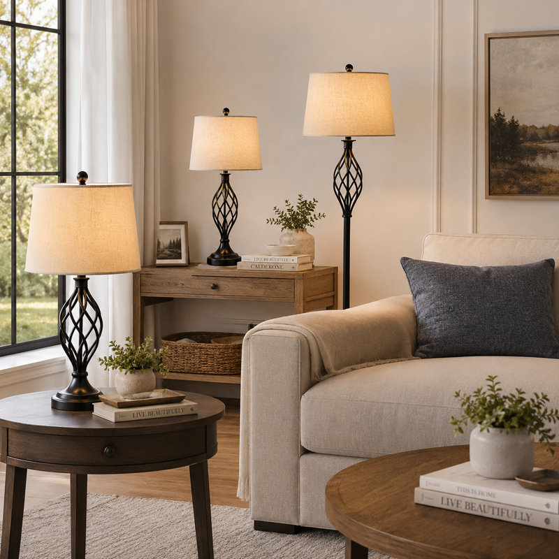 Gimbya Wrought Iron Floor and Table Lamp Set with 3-Way Switch (Set of 3), Black