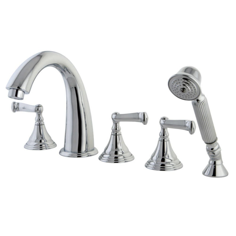Kingston Brass Royale Three-Handle 5-Hole Deck Mount Roman Tub Faucet with Hand Shower, Polished Chrome