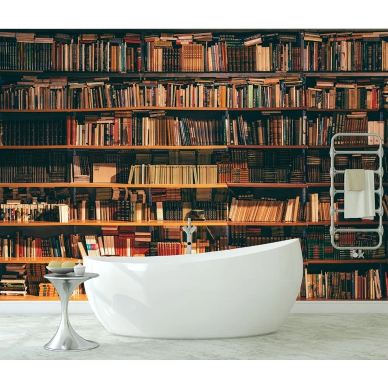 Rustic Bookshelf Library Wall Mural for Home Decor, 108" L x 192" W