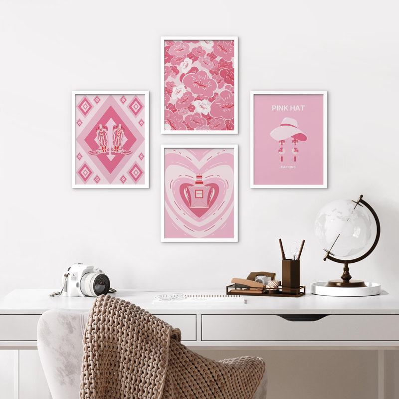 "Pink Hat Floral Parfum", impression sur papier 4 pièces, Blanc, H 14 po x l 11 po