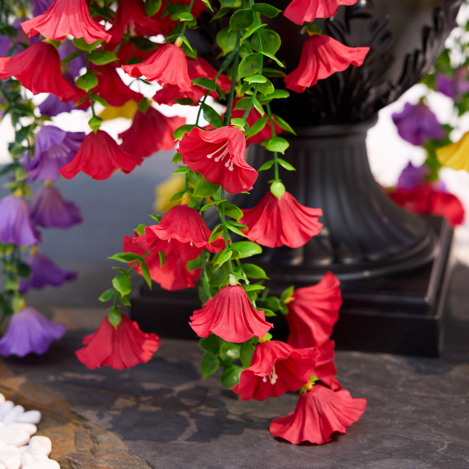 26In Artificial Hanging Flowers With Black Urn Planter, Faux Morning Glory Flowers, Fake Hanging Flowers, Artificial Flowers For Porch Patio Entryway Decor