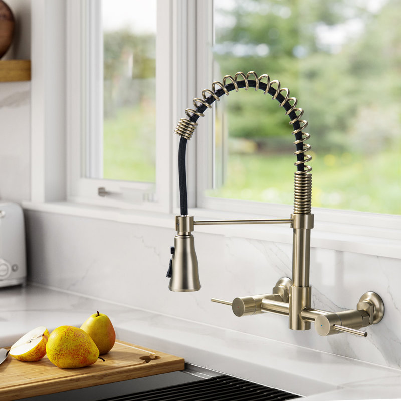 Wall Mounted Bridge Kitchen Faucet, Brushed Gold