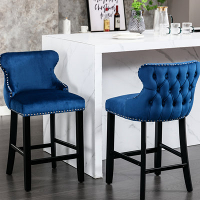 With Velvet Upholstery, Button Decoration, Wooden Legs And Trim In Beige, Of 2 Contemporary Beige Upholstered Tufting Nailhead Trim, 2 Chairs For Bar