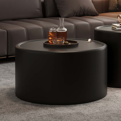 Table basse ronde moderne avec plateau en verre trempé et rangement caché