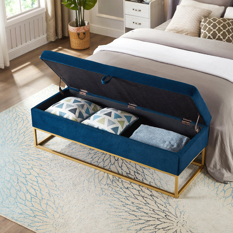 Banc de lit 58,6 po - base en métal, avec fonction de rangement, Bleu