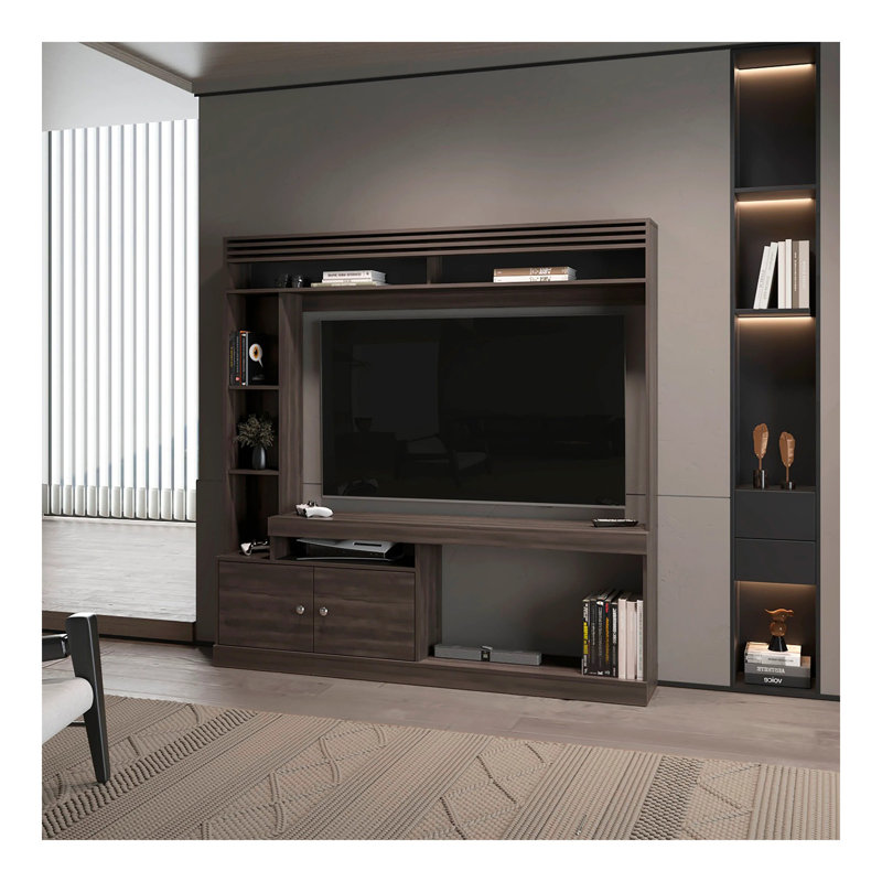 Meuble audio-vidéo en noyer teinté avec rangement ouvert à 2 portes