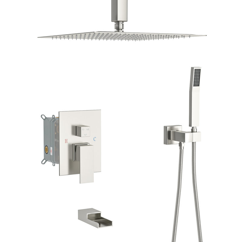 Douche avec bec de baignoire en cascade: fixation au plafond de 16 pouces, nickel brossé, système de douche à main et apaisant en nickel: bec, douche, soupape équilibrée à 4 hauteurs