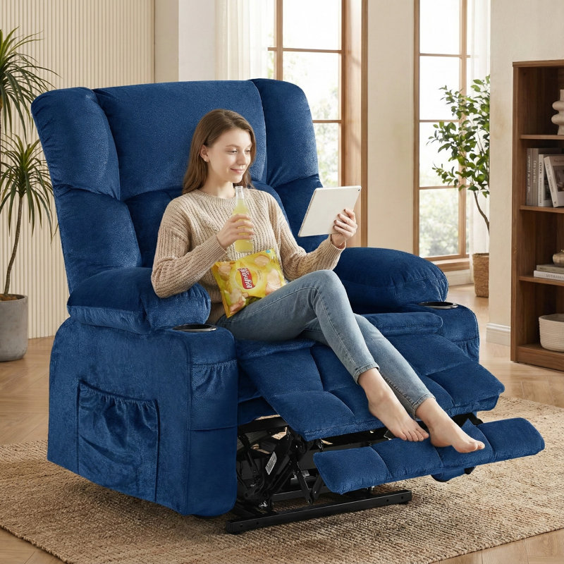 Fauteuil inclinable surdimensionné super doux avec chaleur et massage, Bleu