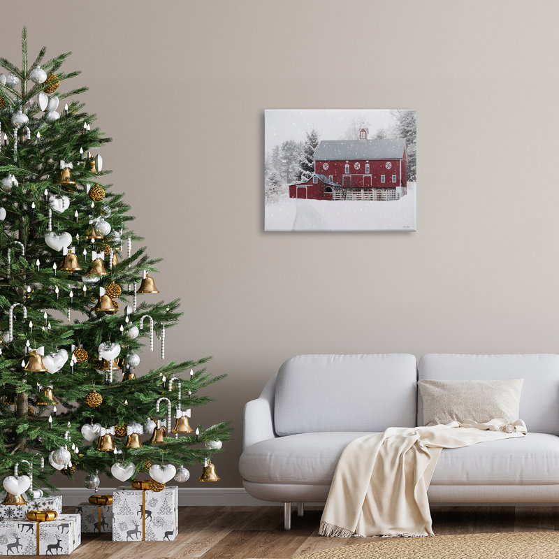 «Snowlanded Farmland Red Barn Snowflakes Falling Black», estampe numérique encadrée, art texturé par Lori Deiter