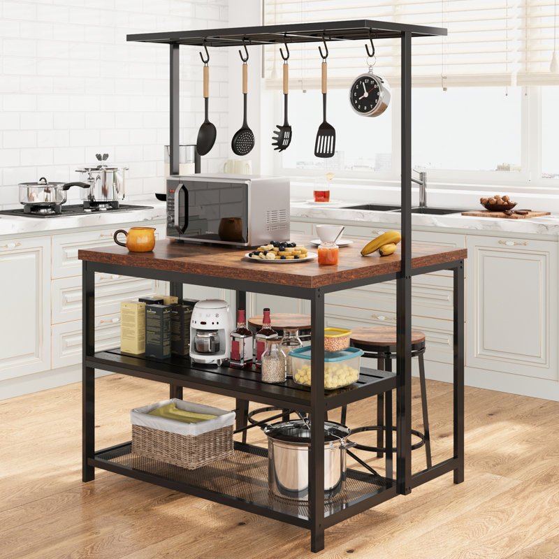 Armoire de rangement à 3 niveaux pour îlot de cuisine - Support à micro-ondes multifonctionnel de 42 po avec tablettes ouvertes et crochets latéraux, table de cuisine