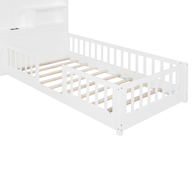 Lit maison avec fenêtre et tiroirs de chevet, lit plateforme avec tablettes et ensemble de prises et port USB