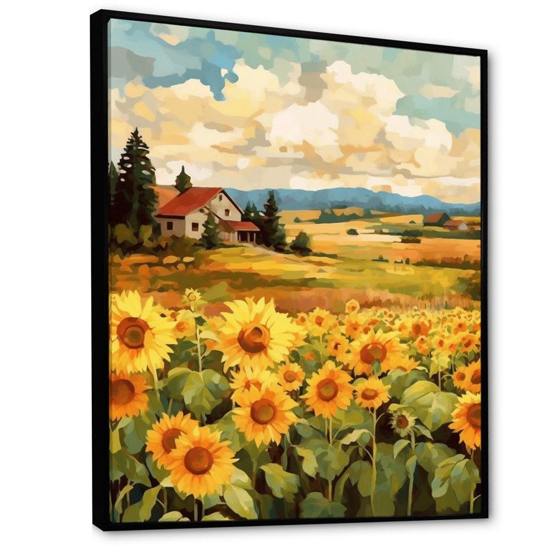 «Golden Cheerful Sunflowers I», reproduction sur toile, H 32 po x l 24 po x P 1 po, Cadre flottant noir