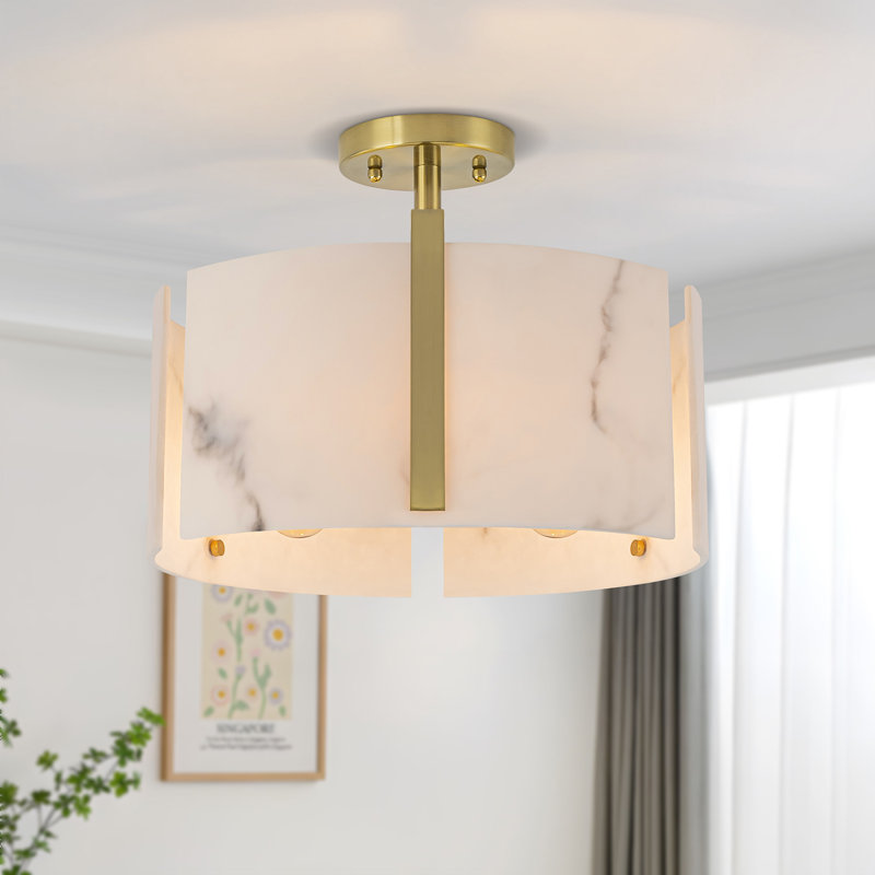 3-light Natural Alabaster Semi Flush Mount With Unique Texture, Gold