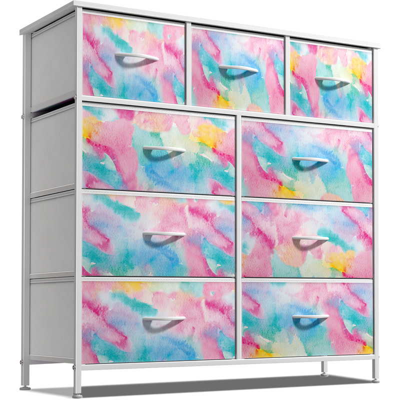  9 Drawers Dresser with Steel Frame and Wood Top, Blue
