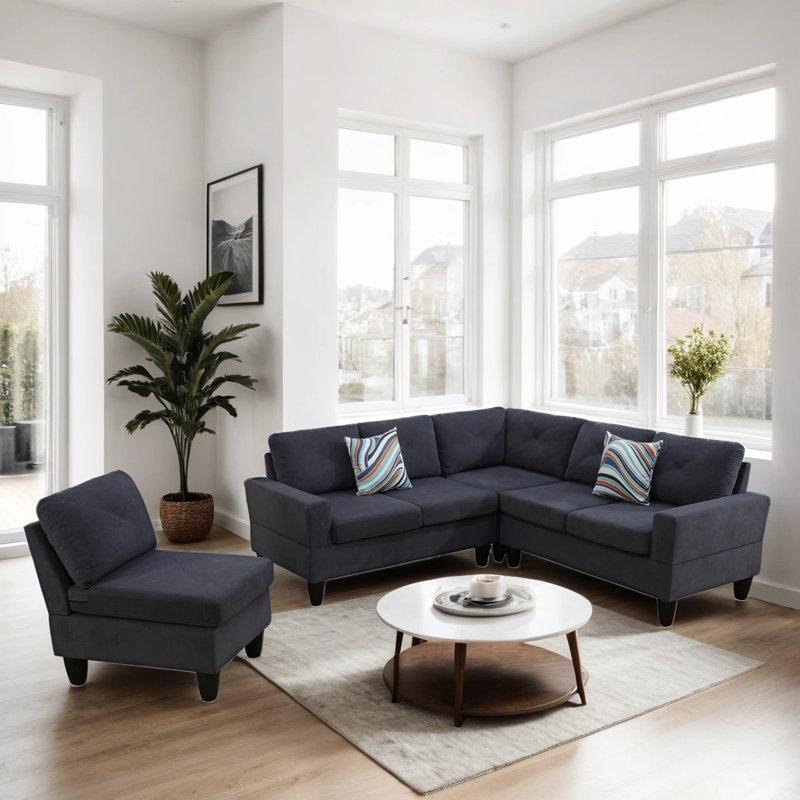 Caelean Upholstered L-Shaped Sectional Reversible, Dark Gray Linen Blend, Black