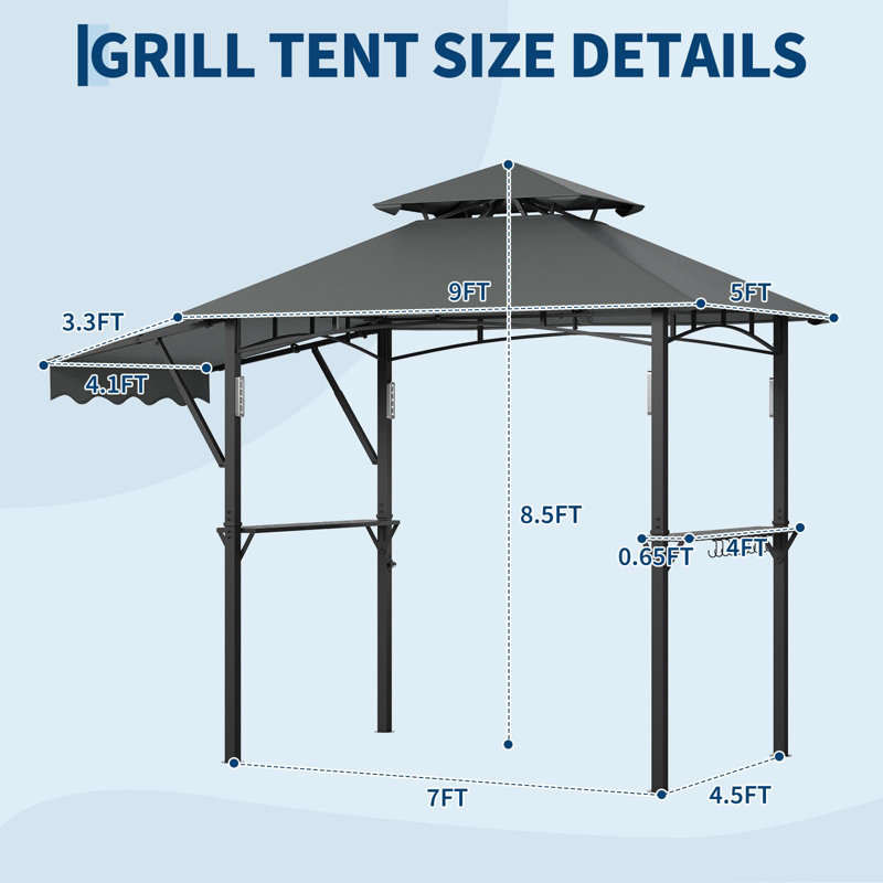 8x5 ft Grill Gazebo with Side Awning, Double-Tier BBQ Canopy with 2 Side Shelves, 10 Hooks & Bottle Opener, Heavy-Duty Outdoor Grill Shelter, Gray
