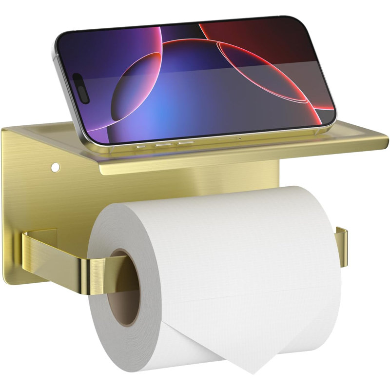 Porte-papier hygiénique en acier inoxydable avec tablette, porte-papier hygiénique mural en or brossé, conception à tige simple pour un remplacement facile du papier