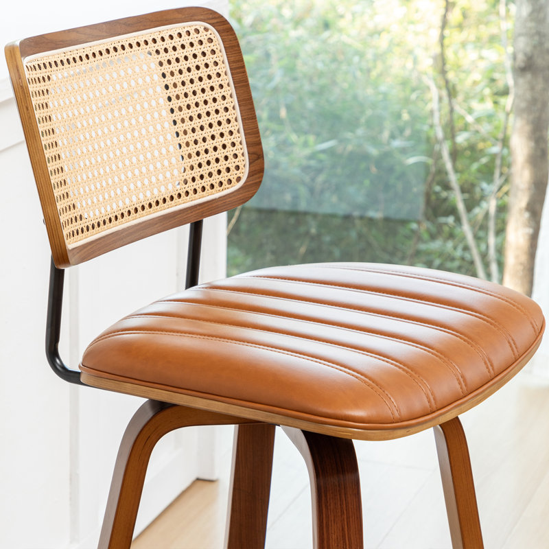 Valerie Wooden Rattan Faux Leather Stools, Brown, Counter Stool (25" Seat Height)