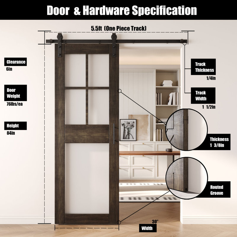 Porte de grange non assemblée et fini en verre givré 30 po x 84 po à 5 lumières Homacer Ebony avec trousse de quincaillerie d'installation sans dérivation, rail de 5,5 pi, utilisation intérieure seulement
