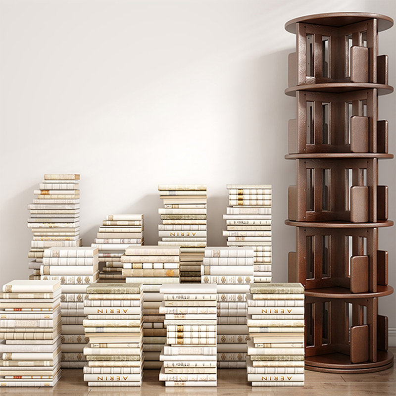Bibliothèque rotative en bois massif noyer, Noyer, (5 tablettes) H 63,58 po x l 17,91 po x P 17,91 po