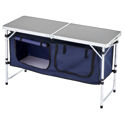 Table de camping en aluminium pour l'extérieur, 3 niveaux de hauteur réglables, bleu, pliable rapidement, station de cuisson portative en forme de X, hauteur et plastique, disposition de l'espace