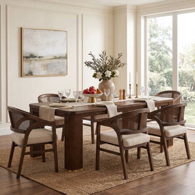 Stanley 6-Person Wood Dining Table Set With Upholstered Chairs & Rattan Back