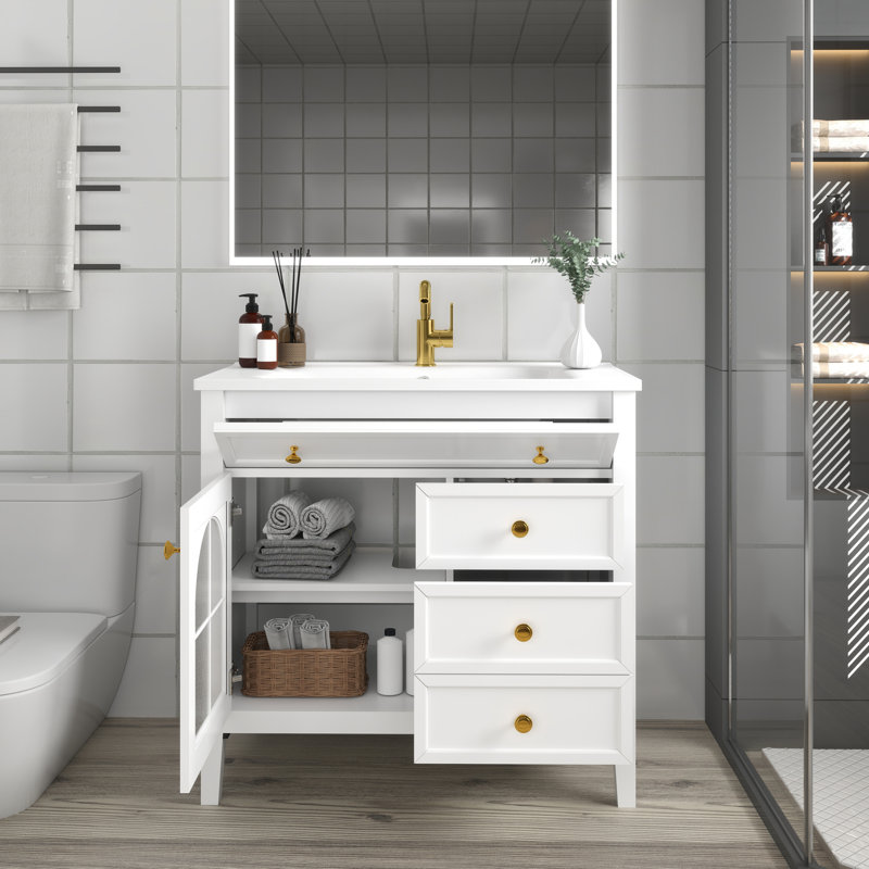 Lavabo de salle de bain Mid-Century avec verre à motif, Blanc