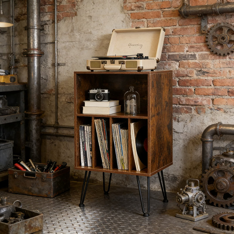 Support pour tourne-disque en vinyle avec rangement pour albums, armoire à plateau tournant avec tablettes ouvertes, table de bout moderne Mid-Century pour le salon