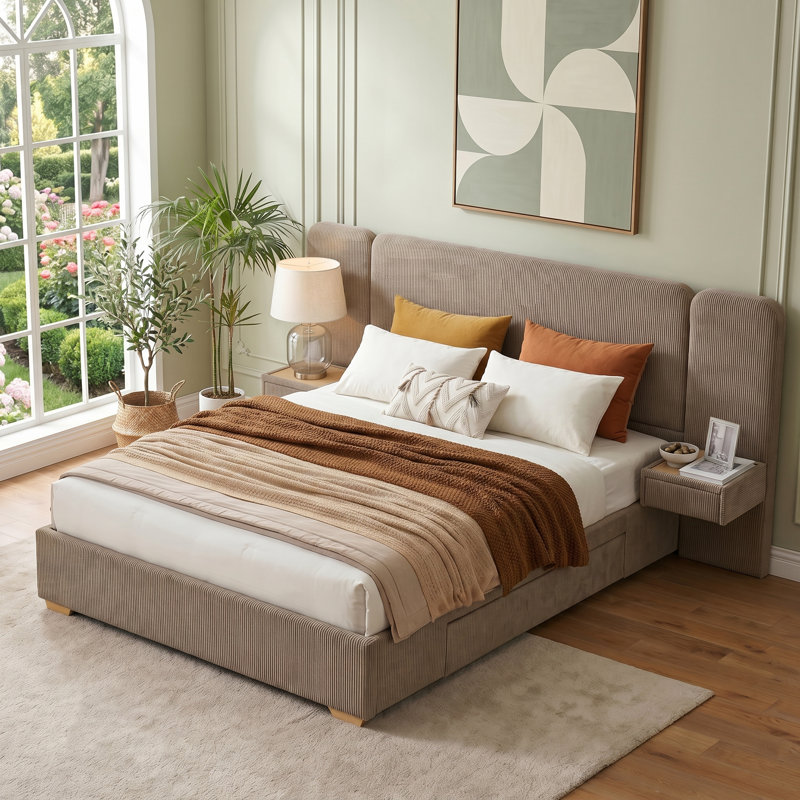 Grand lit plateforme tapissier avec tables de chevet flottantes et 2 tiroirs de rangement, grand, brun, Brown, Grand lit