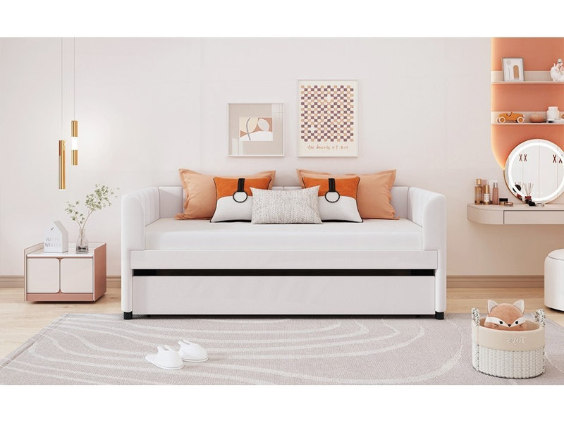 Twin Size Upholstered Daybed with Ergonomic Backrest &amp; Trundle, Beige - No Box Spring Needed, Strong Support, Beige