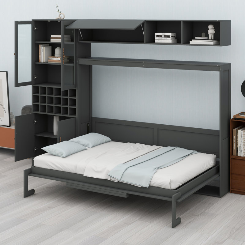 Lit escamotable mural avec canapé, tablettes USB et lumière Murphy, Gris, Double