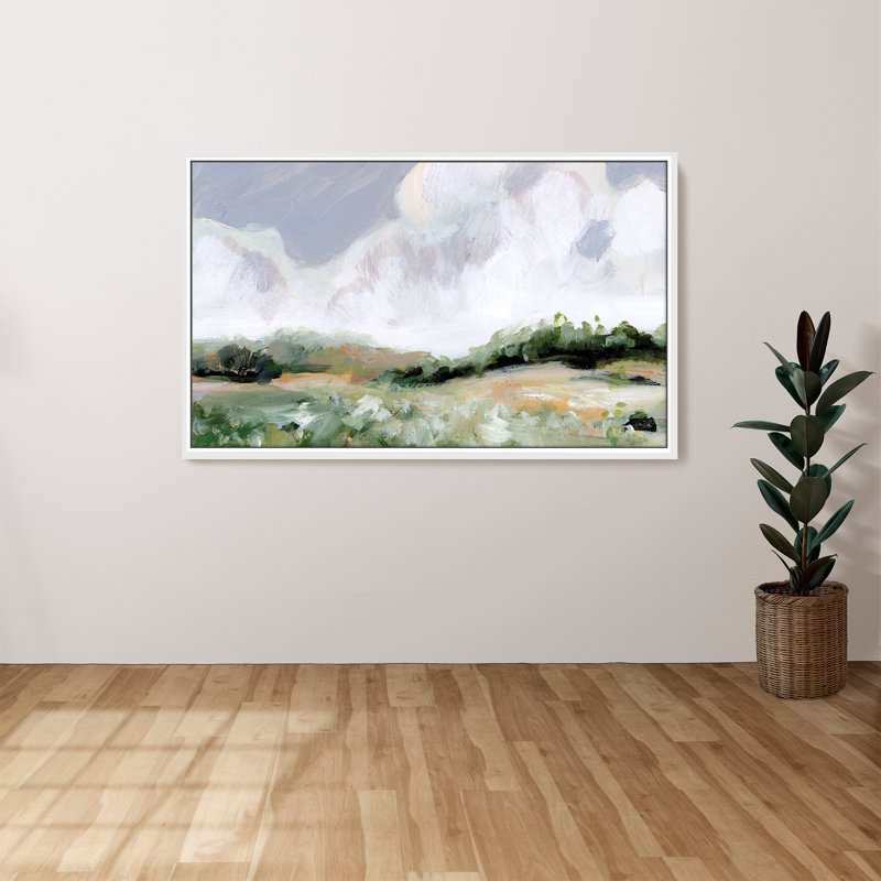 "Soft Summer Sky" par Katrina Pete, reproduction sur toile dans un cadre flottant, H 21,5 po x l 33,5 po, Blanc
