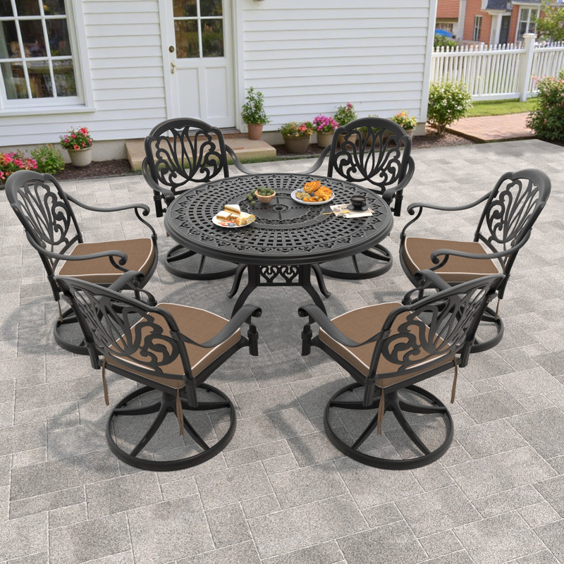6-Person 47.24" Round Patio Dining Set with Umbrella Hole, Swivel Chairs with Brown Cushions