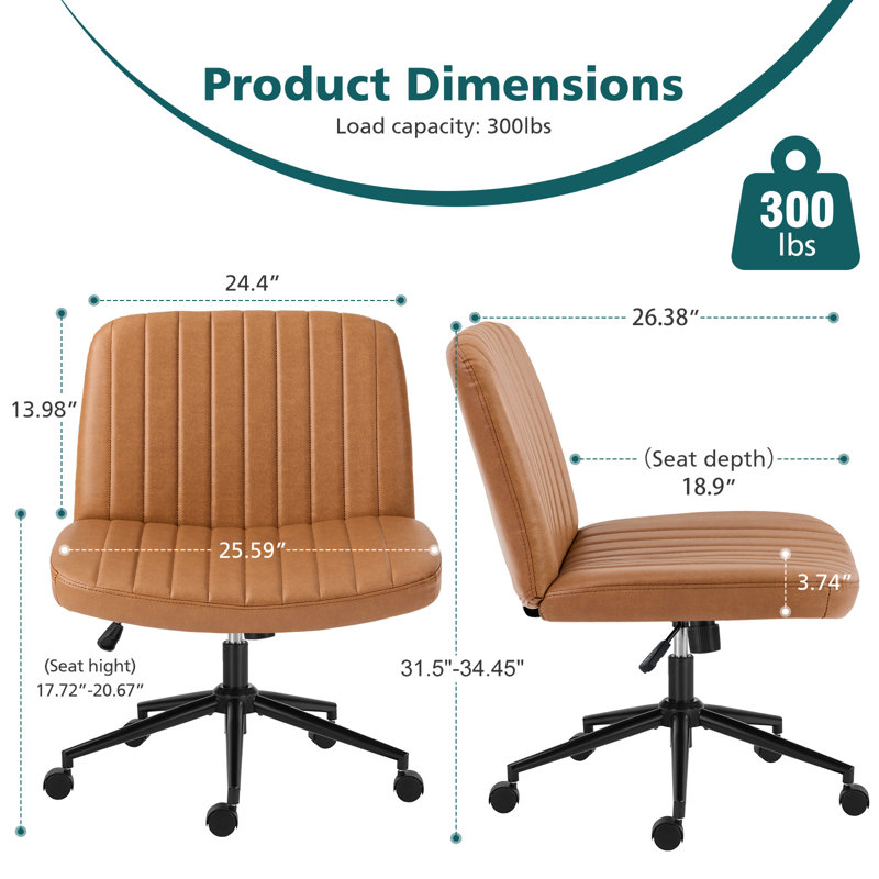 Avicia 26" Wide Seat Criss Cross Legged Office Chair, Armless Office Desk Chair With Wheels, Brown Leather