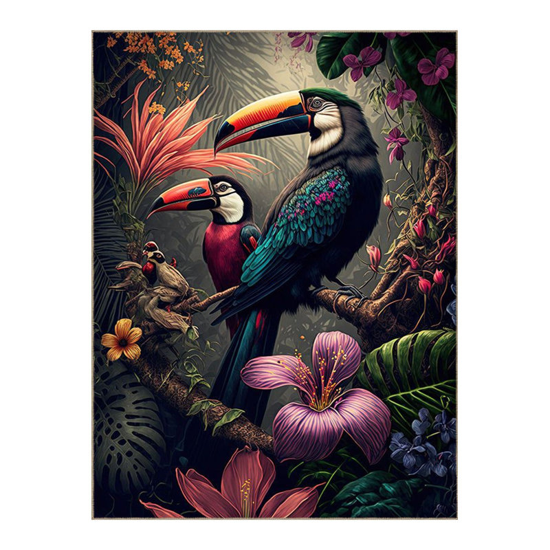 Multi Colour Toucan Parrots Pattern Woven Base Modern Decorative Machine Washable Area Rug, Runner 3'3" x 6'7"